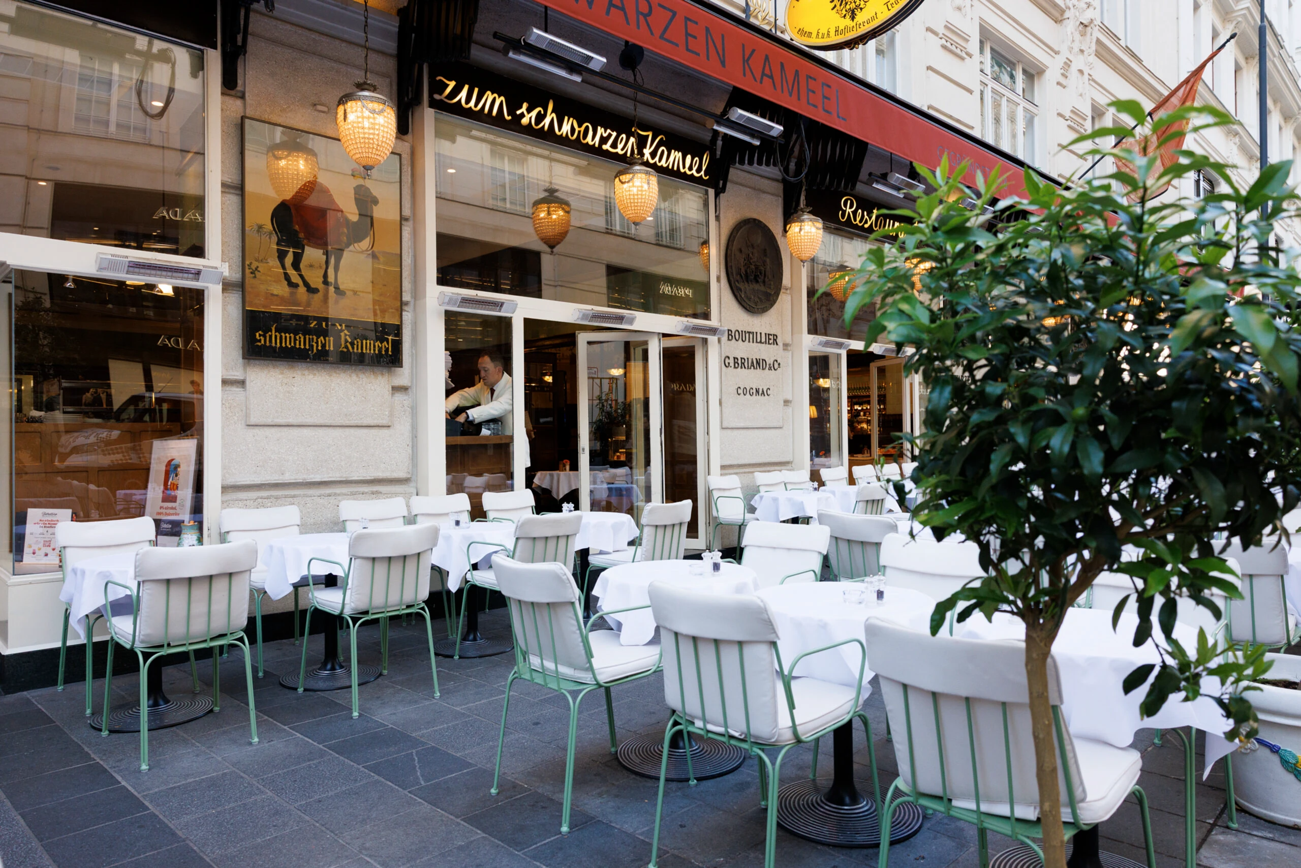 Außenbereich des traditionellen Restaurants Zum schwarzen Kameel in Wien mit gedeckten Tischen und Stühlen auf dem Bürgersteig.